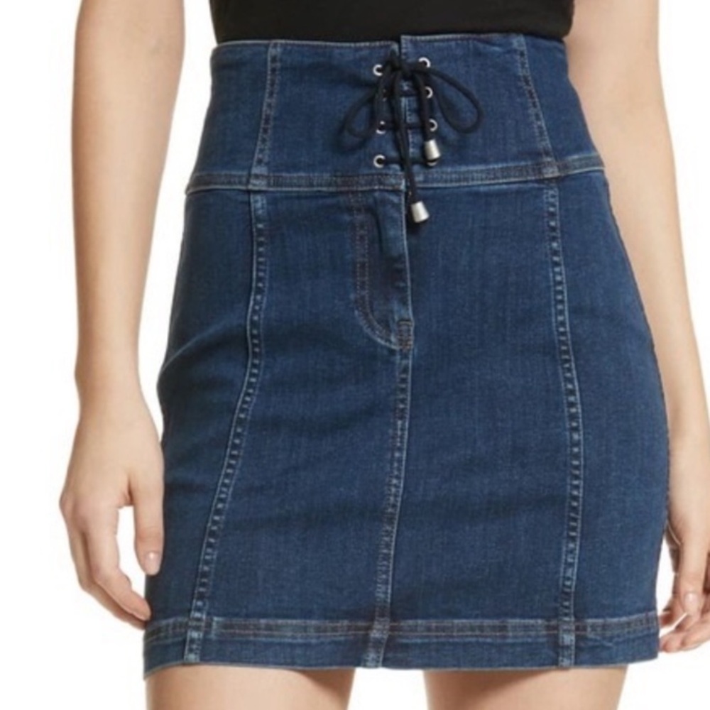 Free People Dark Blue Lace-Up Denim Pencil Skirt